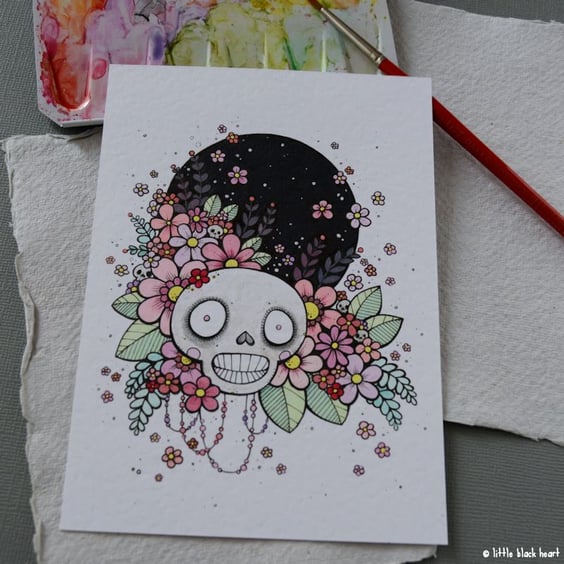 spring flowers skull - original A6 illustration 