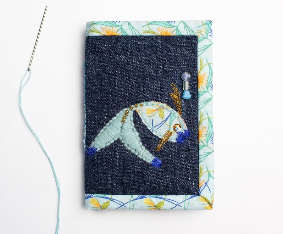 Denim needle case with appliqué fish
