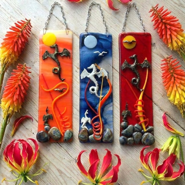Handmade Fused Glass 3D Dragons Hanging Picture - Suncatcher - Sunset Wall Art