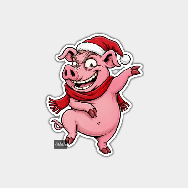 Unique Funny Christmas Sticker Xmas Decal - Cute Dancing Pig In Santa Hat