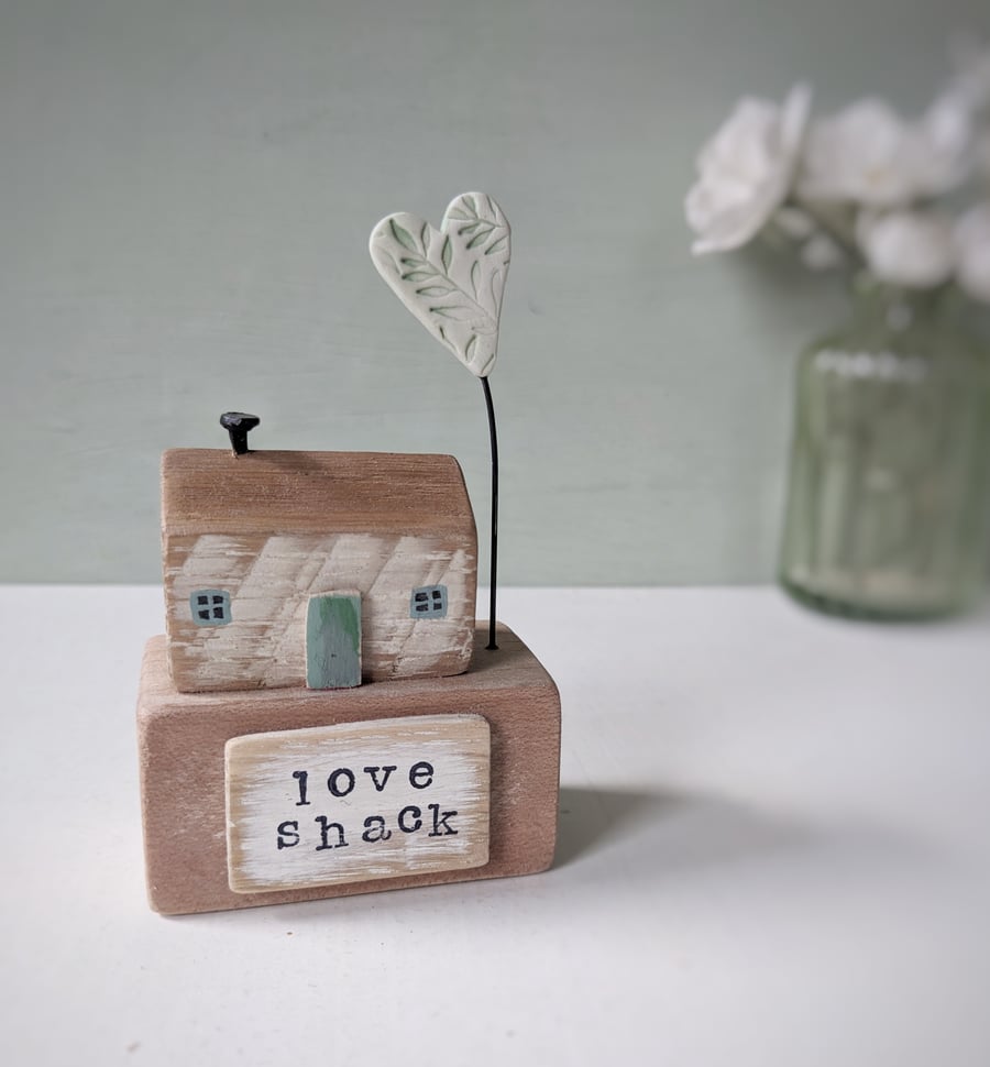 Little Wooden Cottage with Clay Love Heart 'Love Shack'