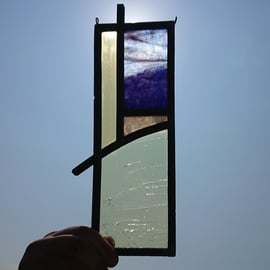 Stained glass abstract landscape, beach, cloud, sun, sky leaded panel