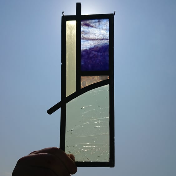 Stained glass abstract landscape, beach, cloud, sun, sky leaded panel