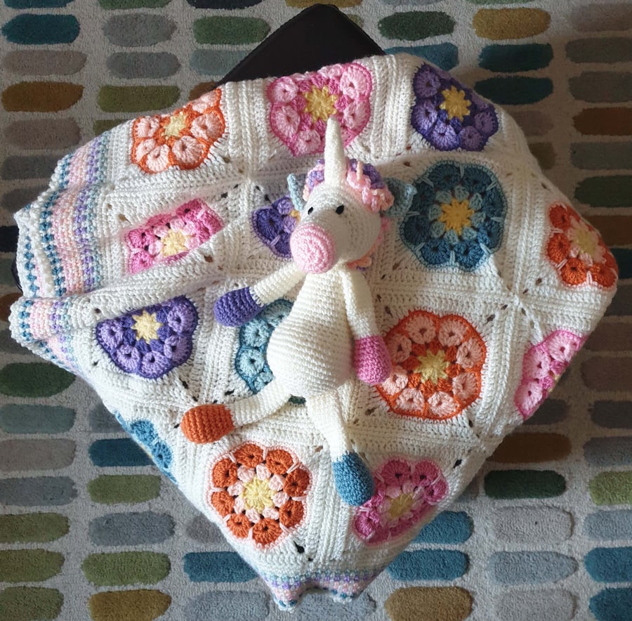 African Flower Crochet Baby Blanket and Unicorn teddy