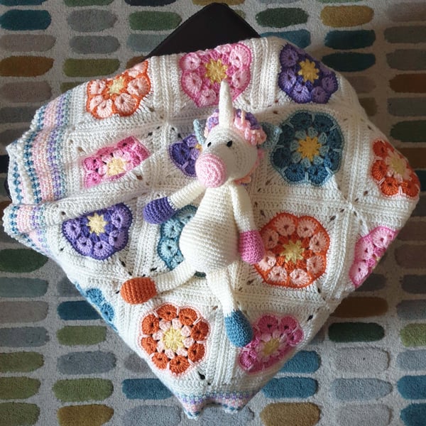 African Flower Crochet Baby Blanket and Unicorn teddy