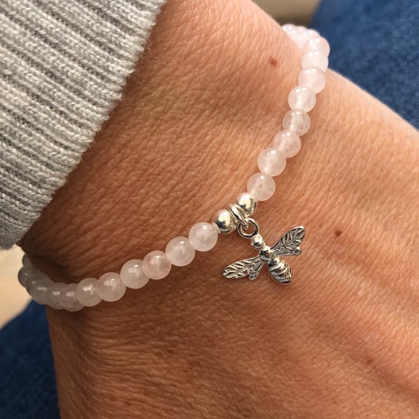 Rose quartz beaded bracelet with bee charm