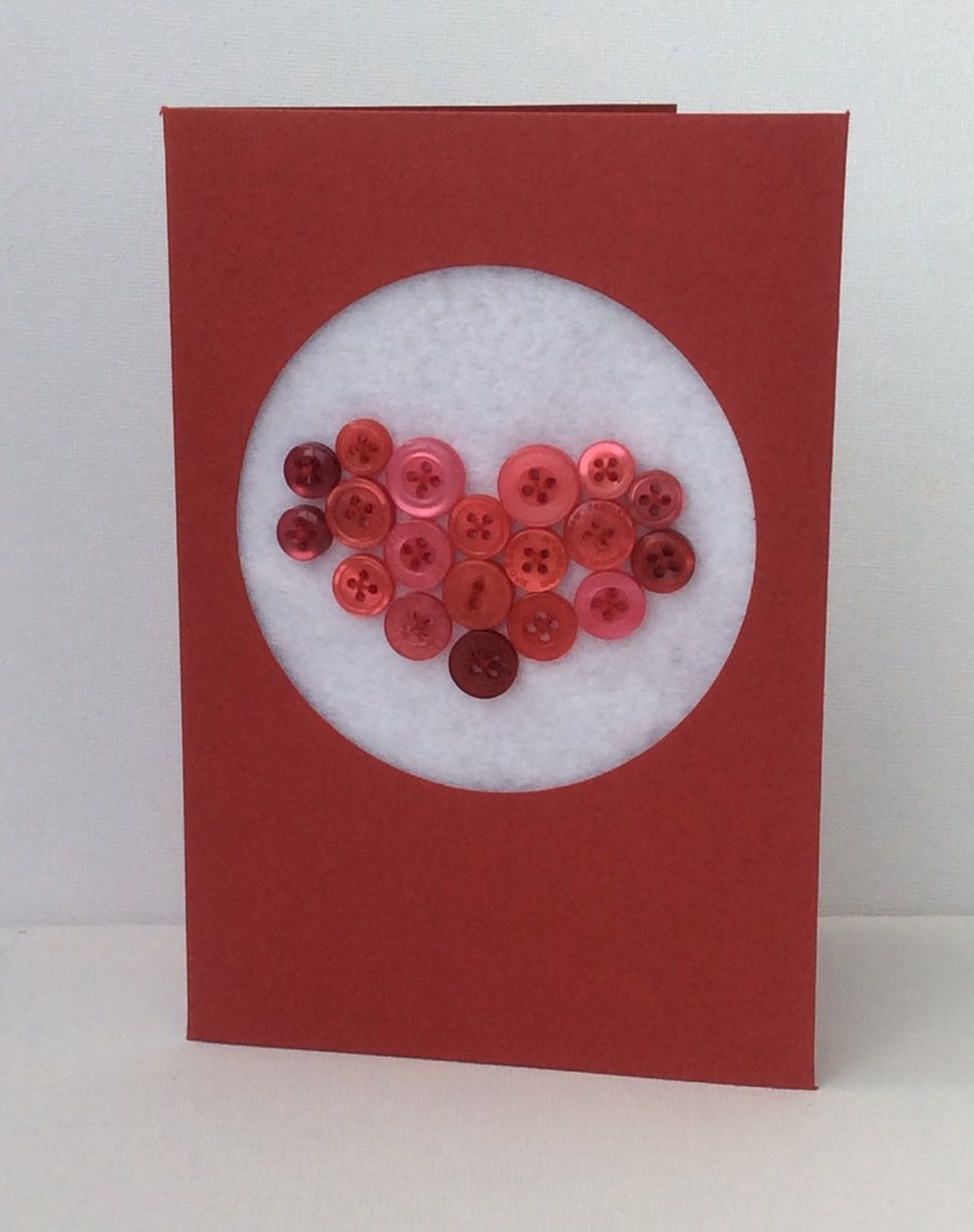Valentine’s Day Card, Red Button filled heart, red Card 
