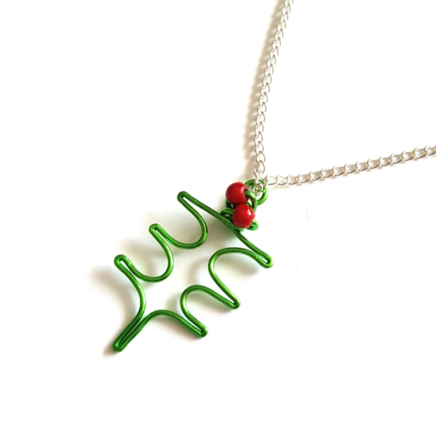 Green Holly Leaf Wire Pendant Necklace - Lightweight Christmas Jewellery