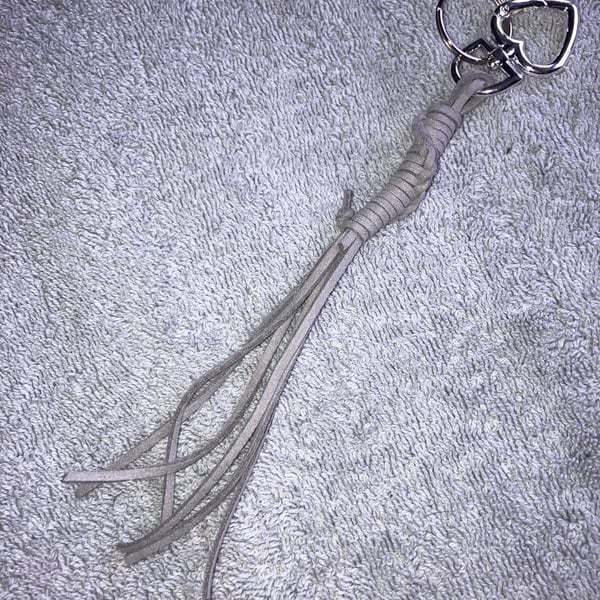 Grey Suede Keyring - Bag Charm with Silver coloured Heart-shaped Carabiner clasp