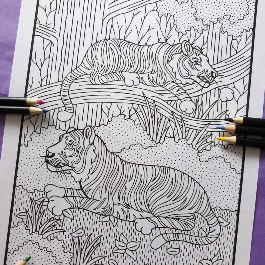 Tigers Jungle A4 Colouring Page Printable JPG by S Godwin Studio