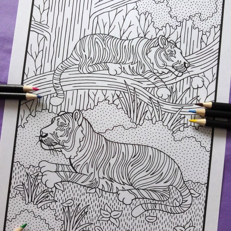 Tigers Jungle A4 Colouring Page Printable JPG by S Godwin Studio