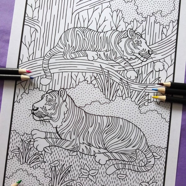 Tigers Jungle A4 Colouring Page Printable JPG by S Godwin Studio