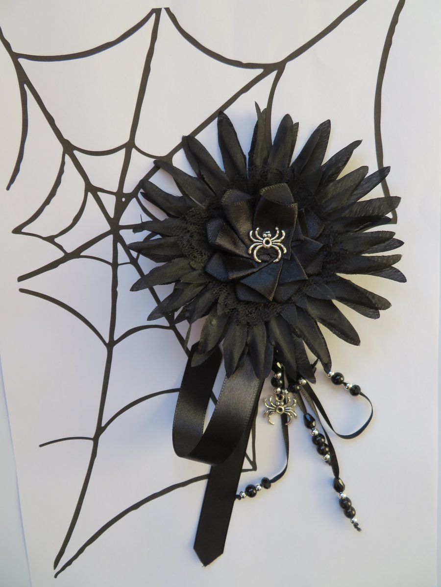 Black Daisy Flower Spider Gothic Lolita Hair Clip Fascinator & Ribbon Trails