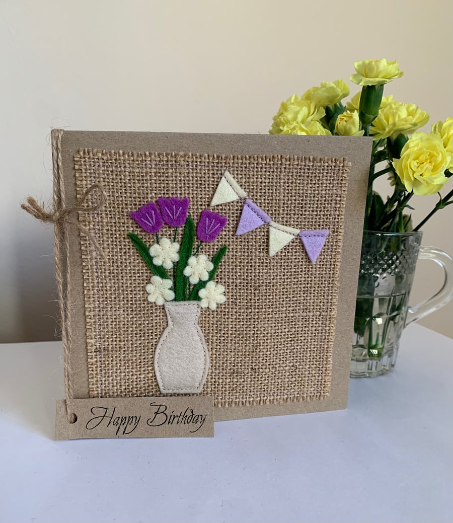 Birthday Card. Purple and cream flowers with bunting, wool felt, handmade. 