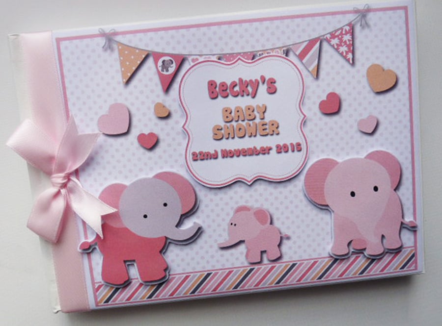 Pink Elephant Baby Shower Guest Book, girl baby shower gift