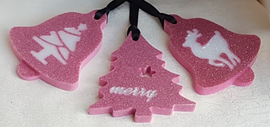 Set of 3 Resin Decorations - Glittery Dusky Pink and White.