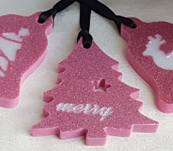 Set of 3 Resin Decorations - Glittery Dusky Pink and White.