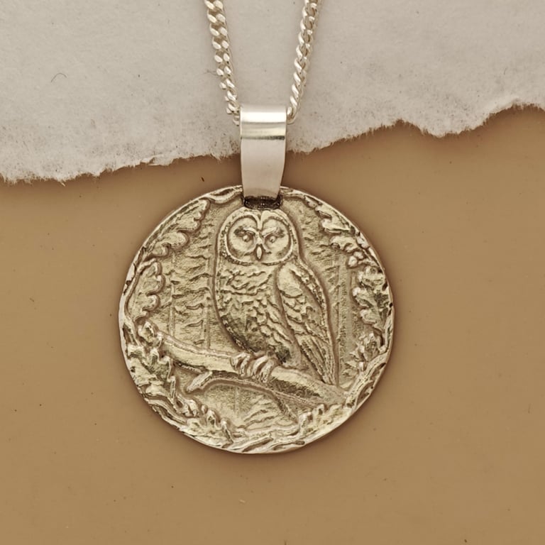 Owl Engraved Sterling Silver Coin Necklace