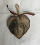 Hanging Heart Decoration Vintage Girl Small Sepia Decoupaged Unusual Tousled - Image 2