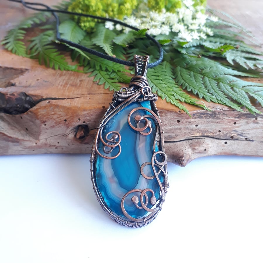 Blue Agate Slice Pendant, Copper Wire Wrap Pendant Necklace, Festival Jewellery