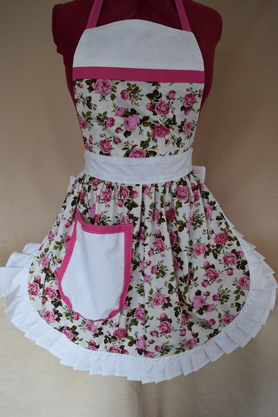 Vintage 50s Style Full Apron Pinny - Pink Roses with Cream Trim