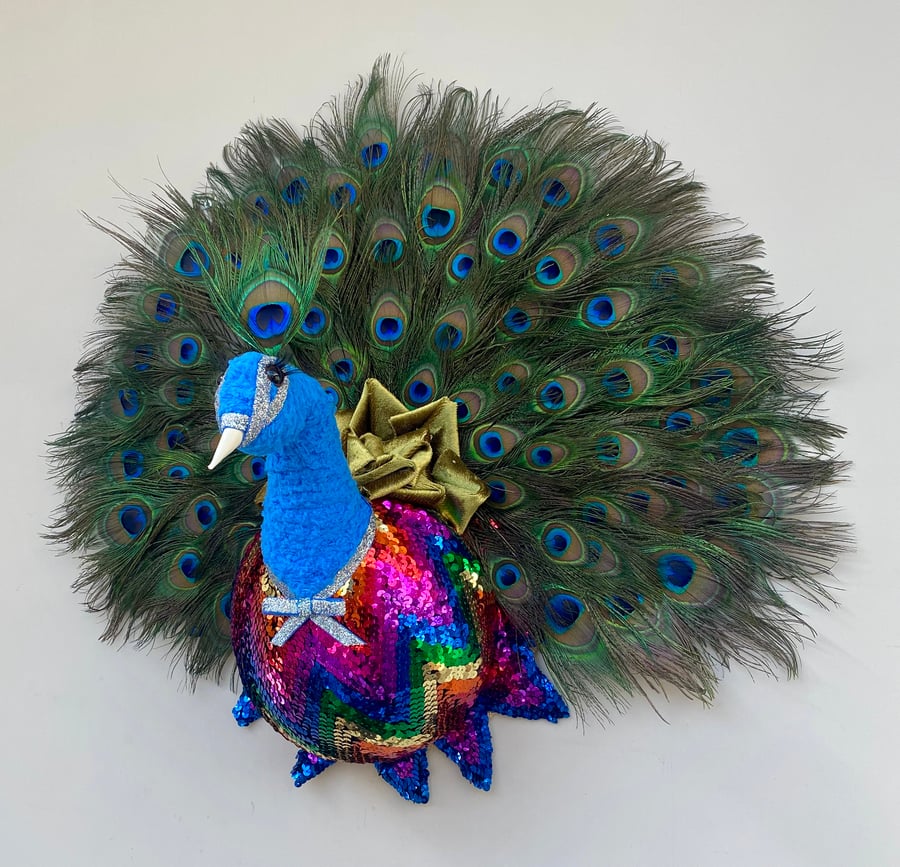 Faux taxidermy handmade sequin disco peacock bi - Folksy