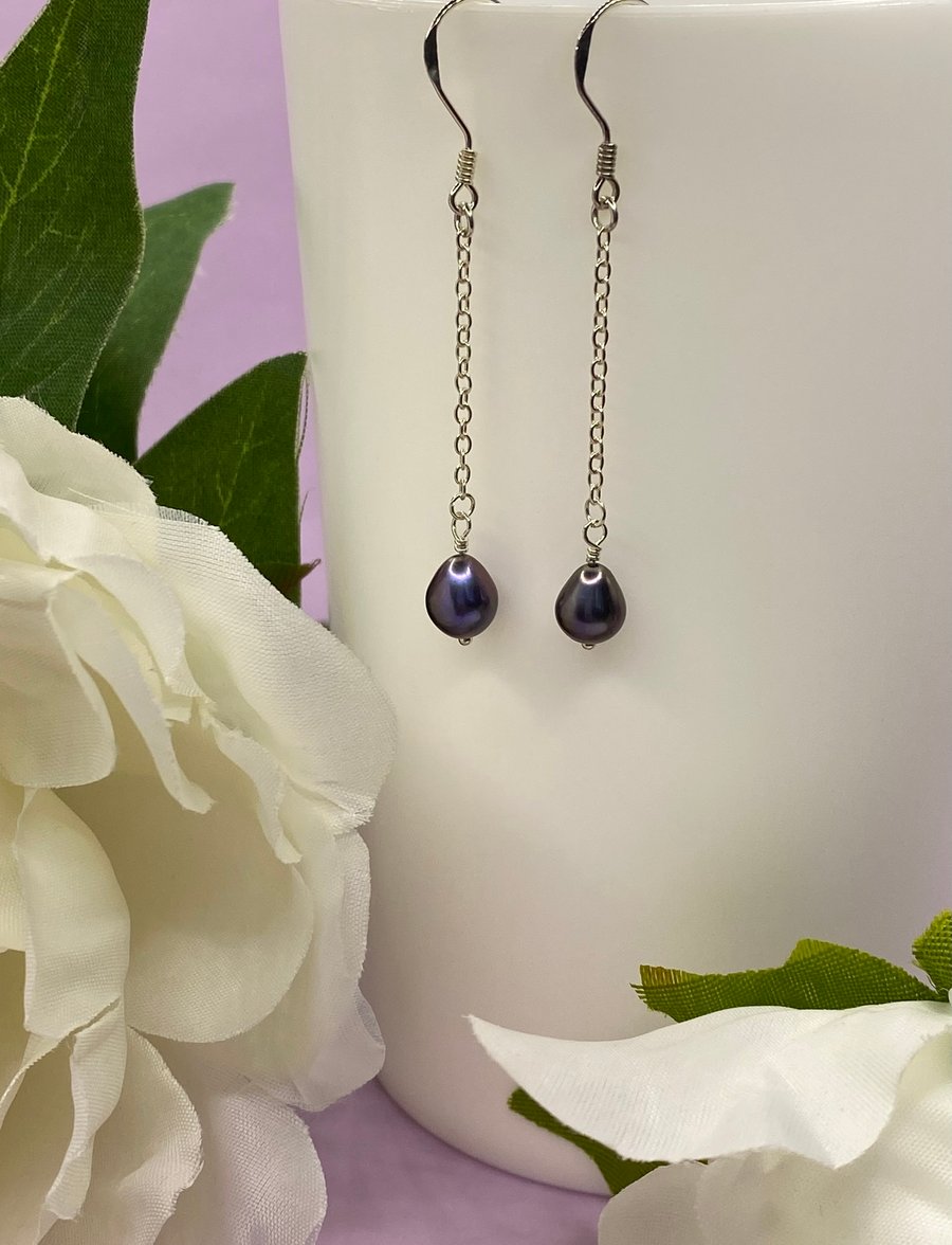 Sterling silver chain earrings with peacock coloured freshwater pearls