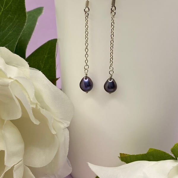 Sterling silver chain earrings with peacock coloured freshwater pearls