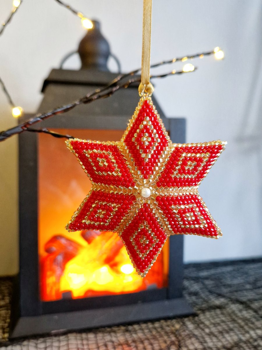 Beaded Red and Gold Star Decoration