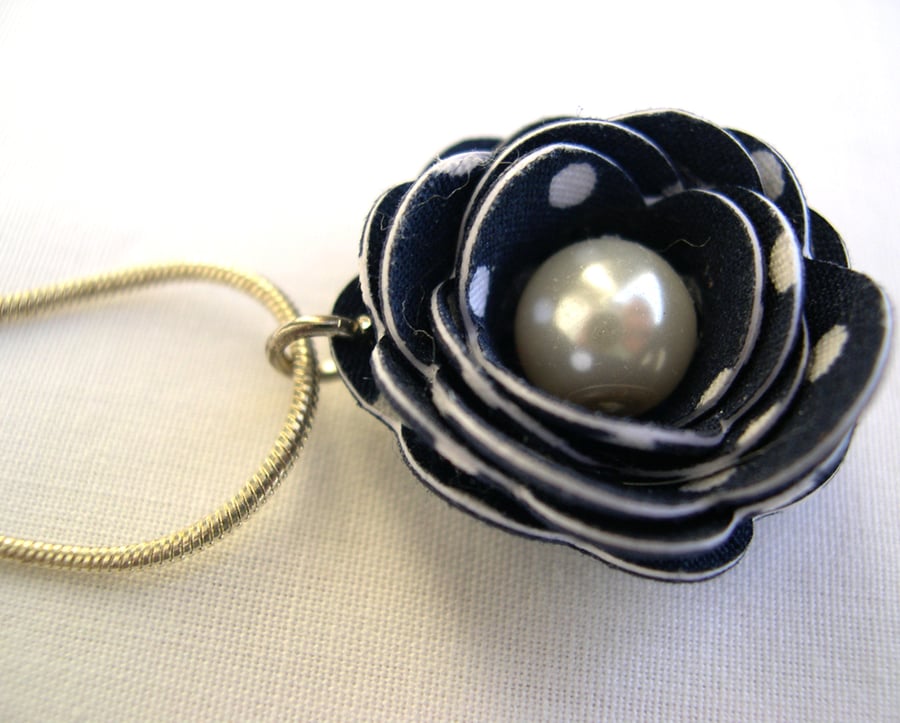 Hardened Fabric Navy Blue Polka Dot Print Rose Necklace silver plated Snakechain