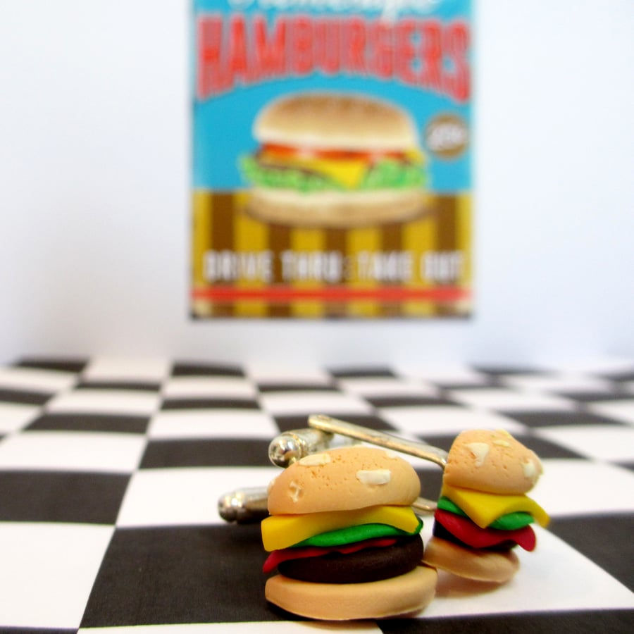 Retro Cheeseburger cufflinks quirky, fun, unique, handmade, novel
