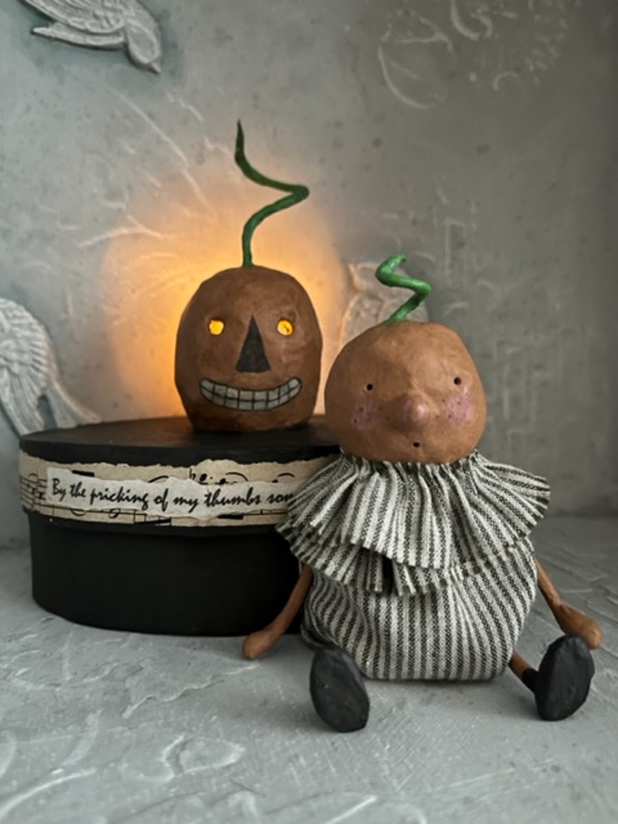 Paper mache pumpkin doll in bespoke Halloween box with luminary 