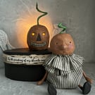 Paper mache pumpkin doll in bespoke Halloween box with luminary 