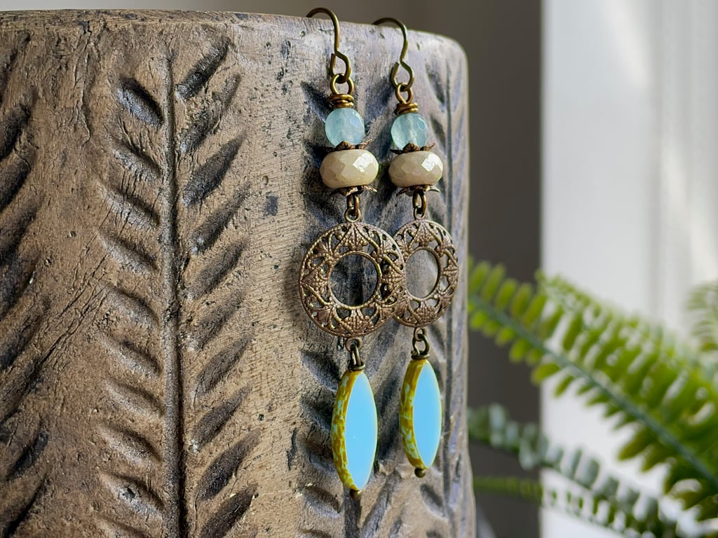 Aqua Blue Czech Glass Marquise Earrings. Bohemian Style Brass Filigree Jewellery