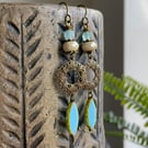 Aqua Blue Czech Glass Marquise Earrings. Bohemian Style Brass Filigree Jewellery