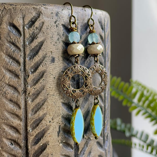 Aqua Blue Czech Glass Marquise Earrings. Bohemian Style Brass Filigree Jewellery