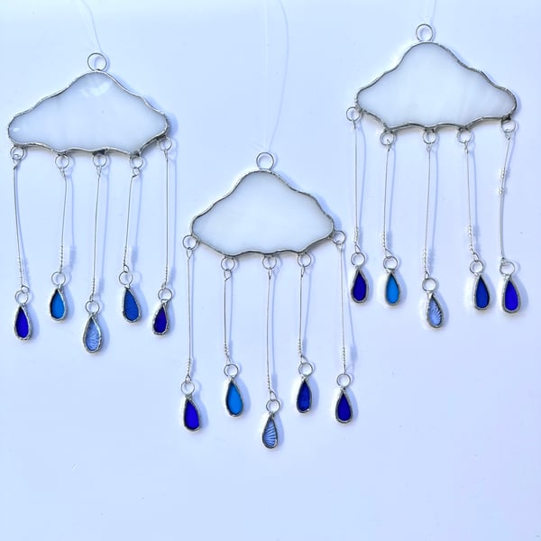 Stained Glass Rain Cloud Suncatcher - Hanging Window Decoration - Blue Turq