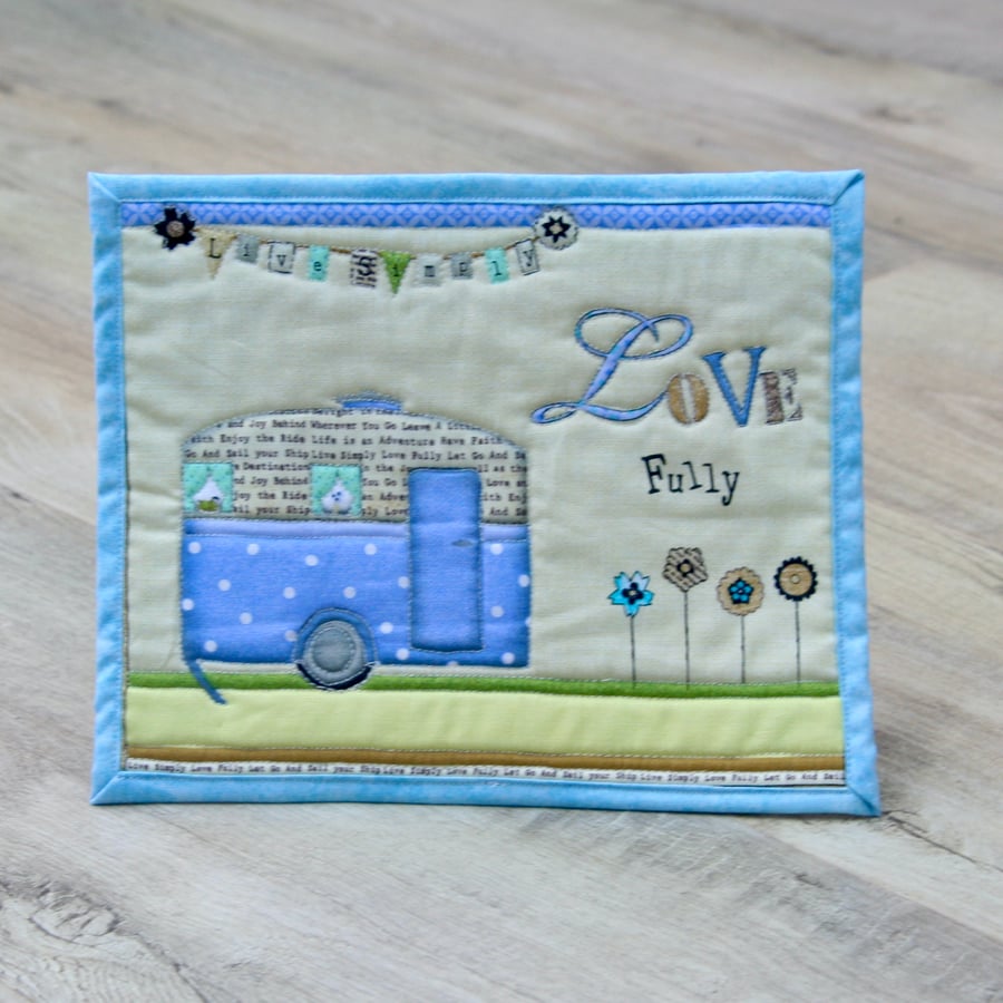 'Love Fully' Quilted Mug Rug with Vintage Caravan Detail