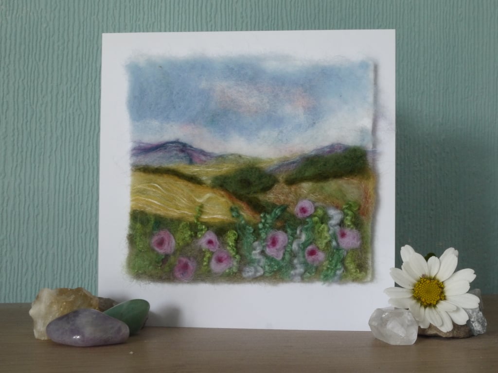 Handmade needle felted Mountain Rose greetings card