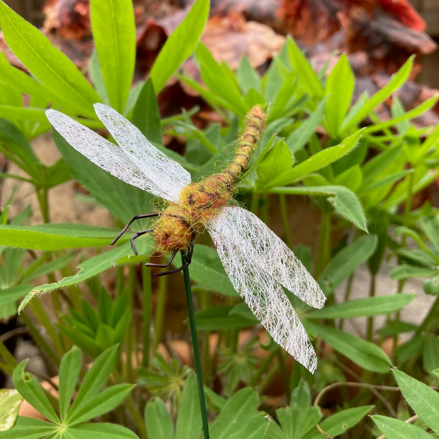 Needle felted dragonfly plant stake, yellow