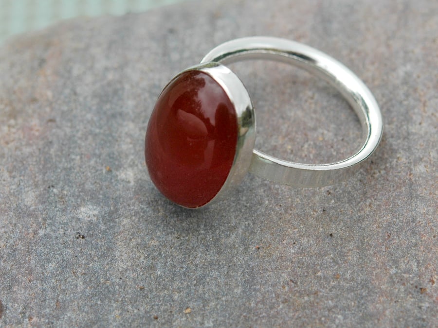 Sterling Silver Ring with Red Carnelian Gemstone. Sale item,  Hallmarked, size N