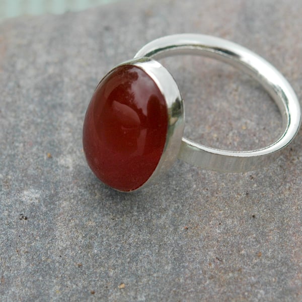 Sterling Silver Ring with Red Carnelian Gemstone. Sale item,  Hallmarked, size N