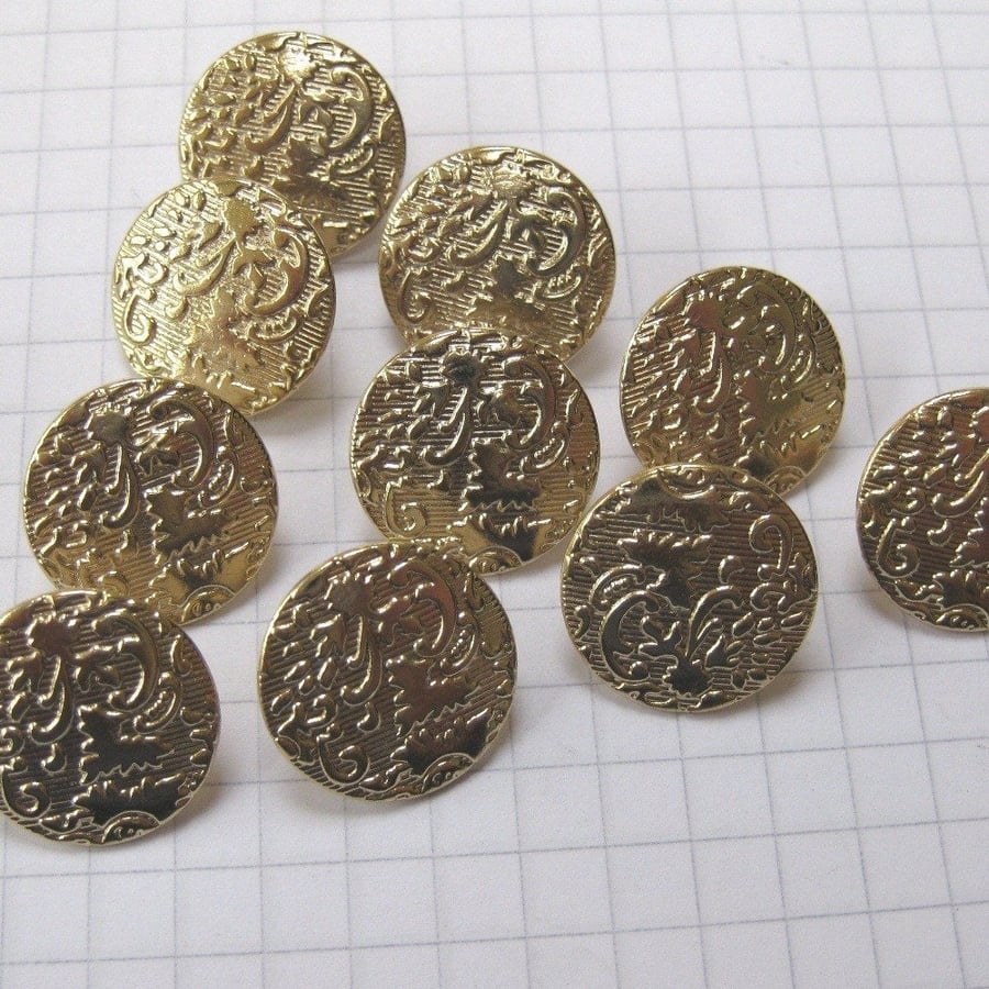 10 Small Gold Brocade Patterned Shank Buttons