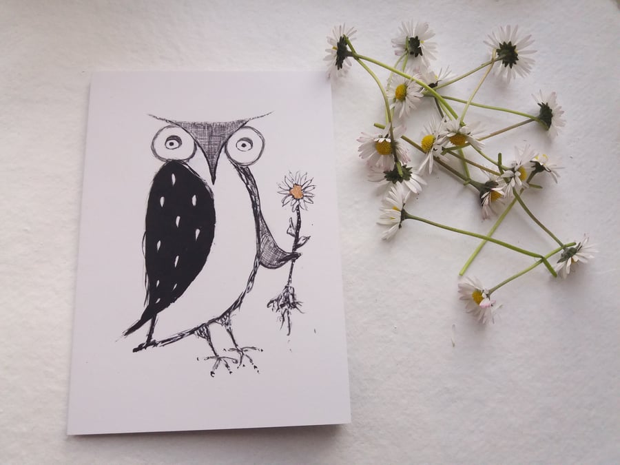 owl note card - i bring you a flower