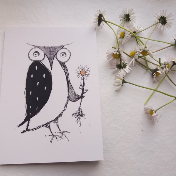 owl note card - i bring you a flower