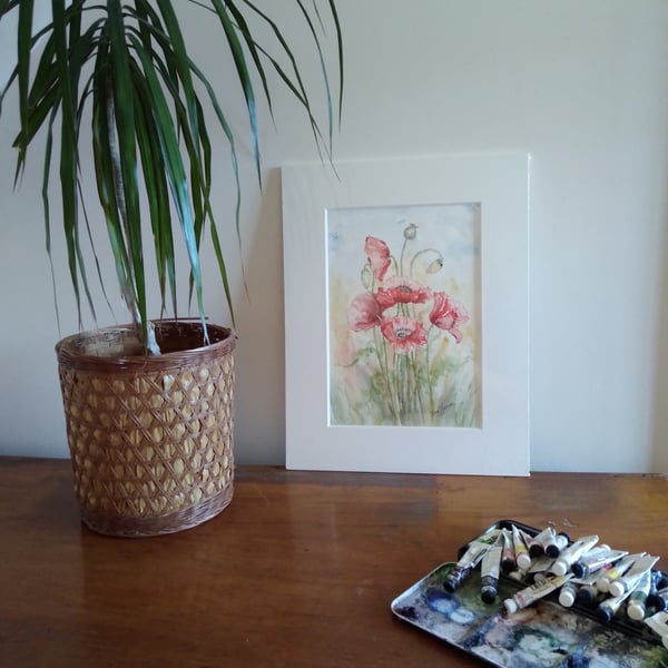 Red poppies in Norfolk original watercolour painting