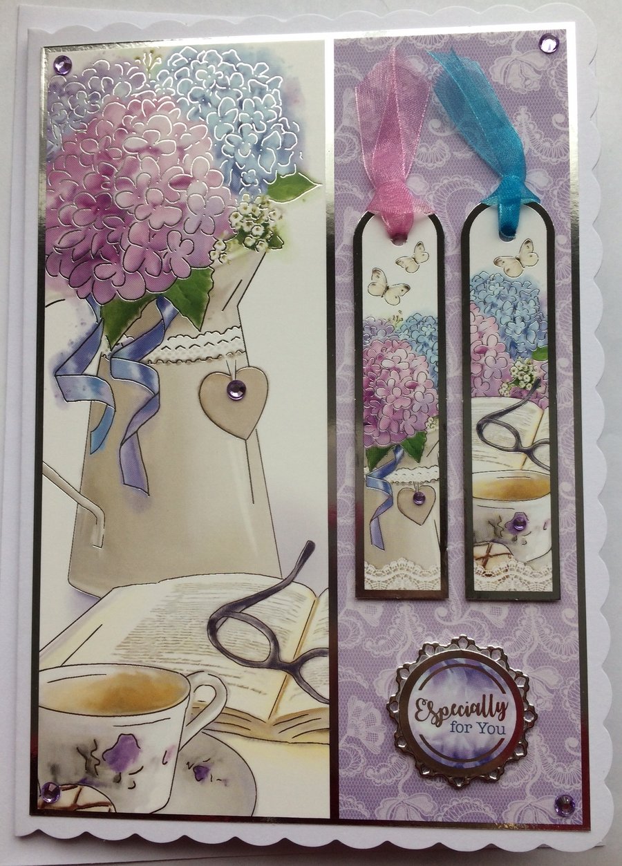 3D Luxury Handmade Card Especially for You Hydrangeas Book Cup of Tea