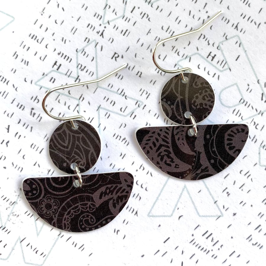 Recycled plastic circle and semi circle black lace pattern earrings