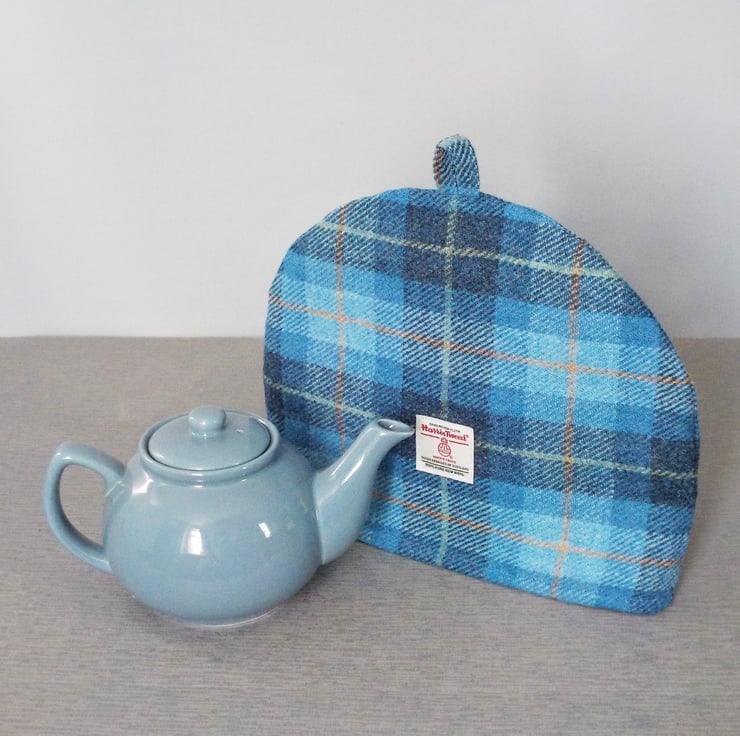 Harris Tweed tea cosy light blue and navy tarta... Folksy