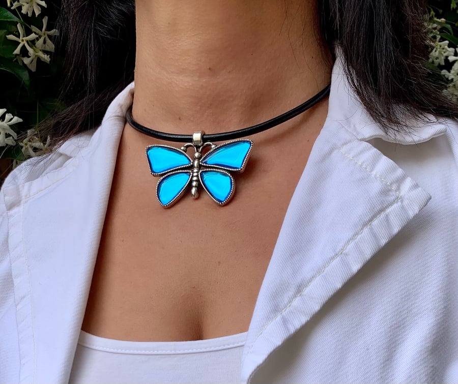 Image of Women's Leather Choker Necklace, Crystal Butterfly Pendant